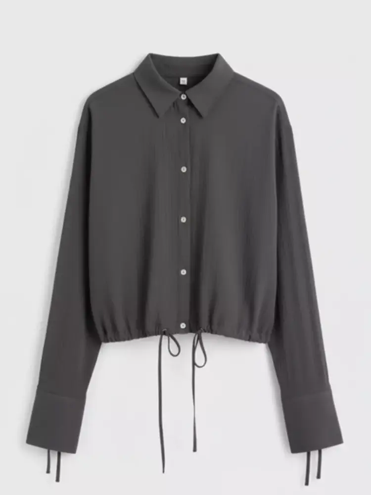 Dark Gray Drawstring Cropped Shirt